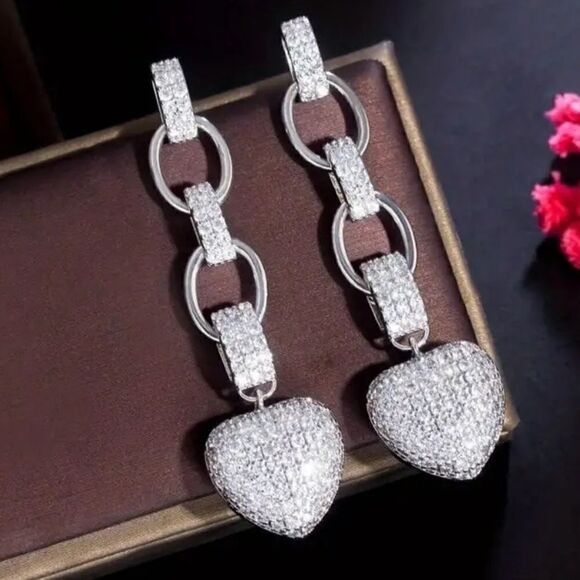 Silver Micro Pave Diamond Heart Chain Link Long Drop Earrings - Picture 1 of 4